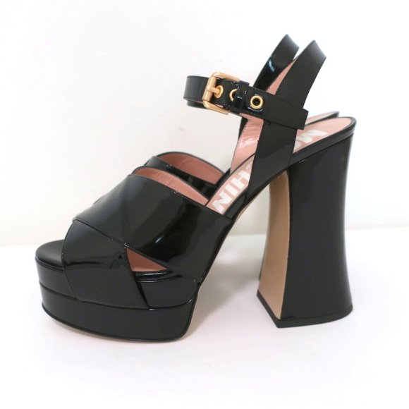 MOSCHINO PLATFORM FLARE-HEEL SANDALS BLACK PATENT LEATHER SIZE 38.5 - Picture 6 of 11